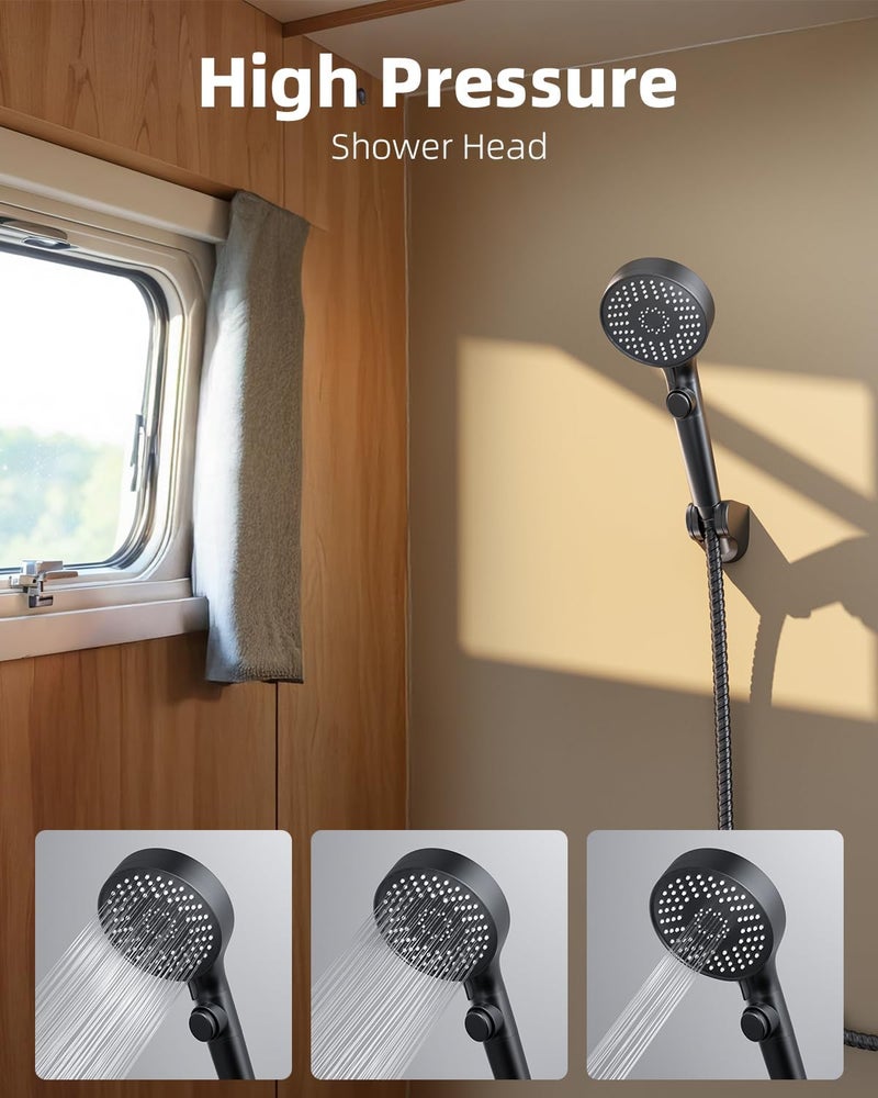 FOCSPROD RV Shower Head with Stainless Steel Hose, 5 Mode High Pressure Shower Head with Handheld On Off Switch, Camper Shower Head Replacement for RV, Travel Trailer, Motorhome, RV Accessories Part, Black - Image 2